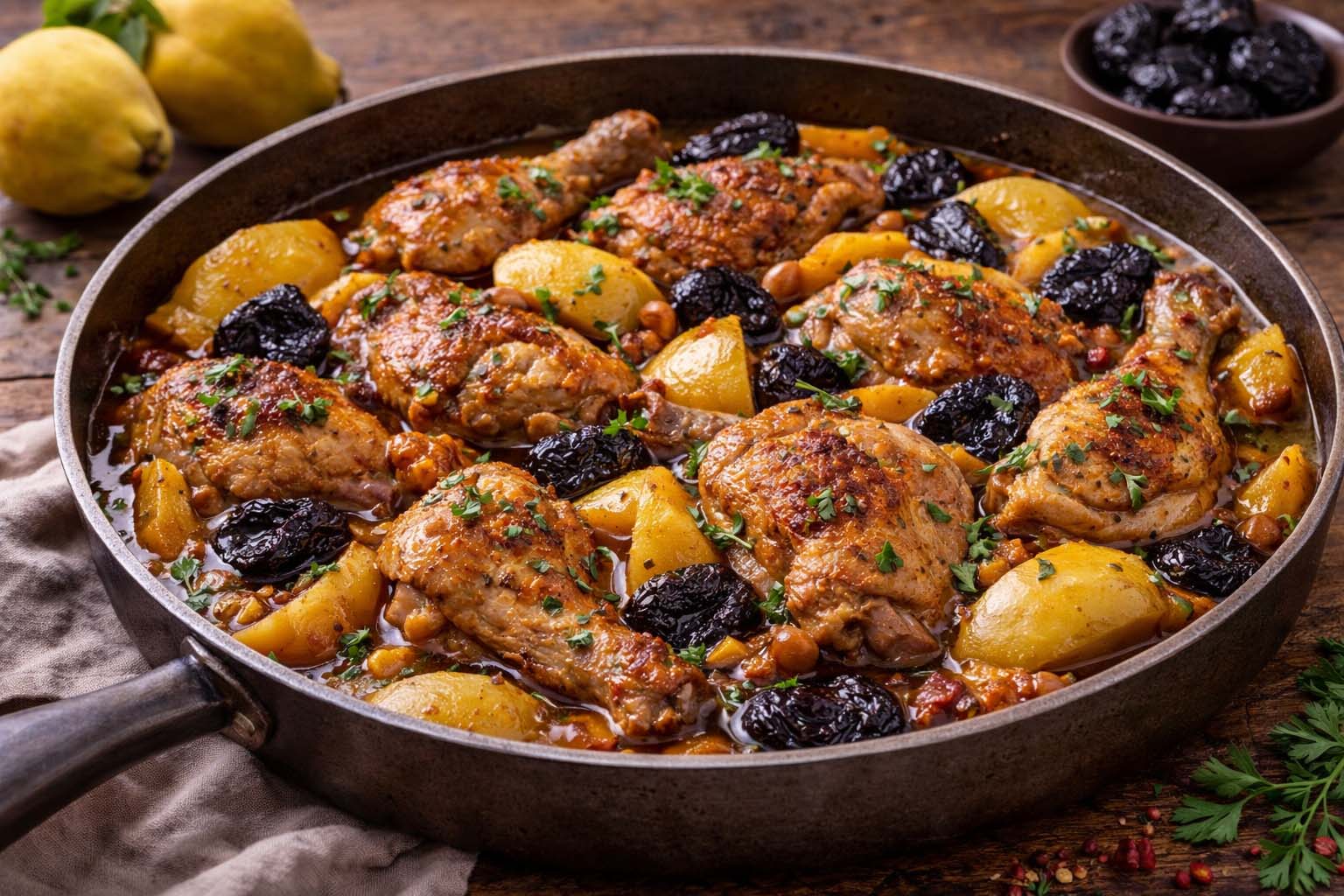 Тушеная курица с айвой и черносливом