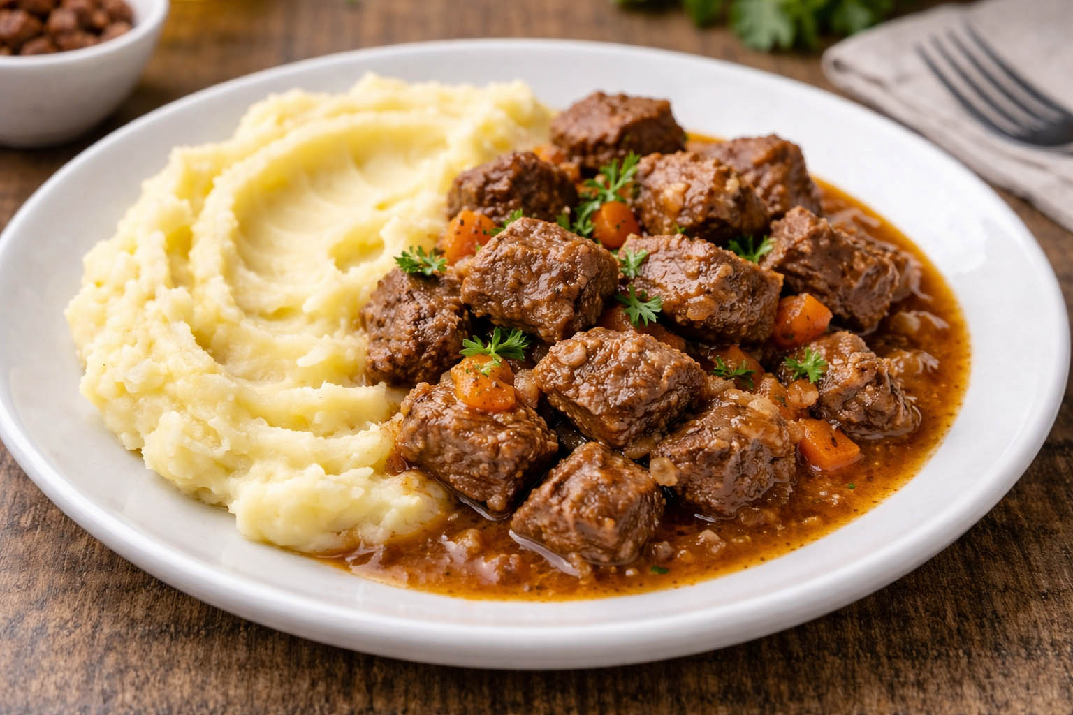 Картофельное пюре с тушеной говядиной