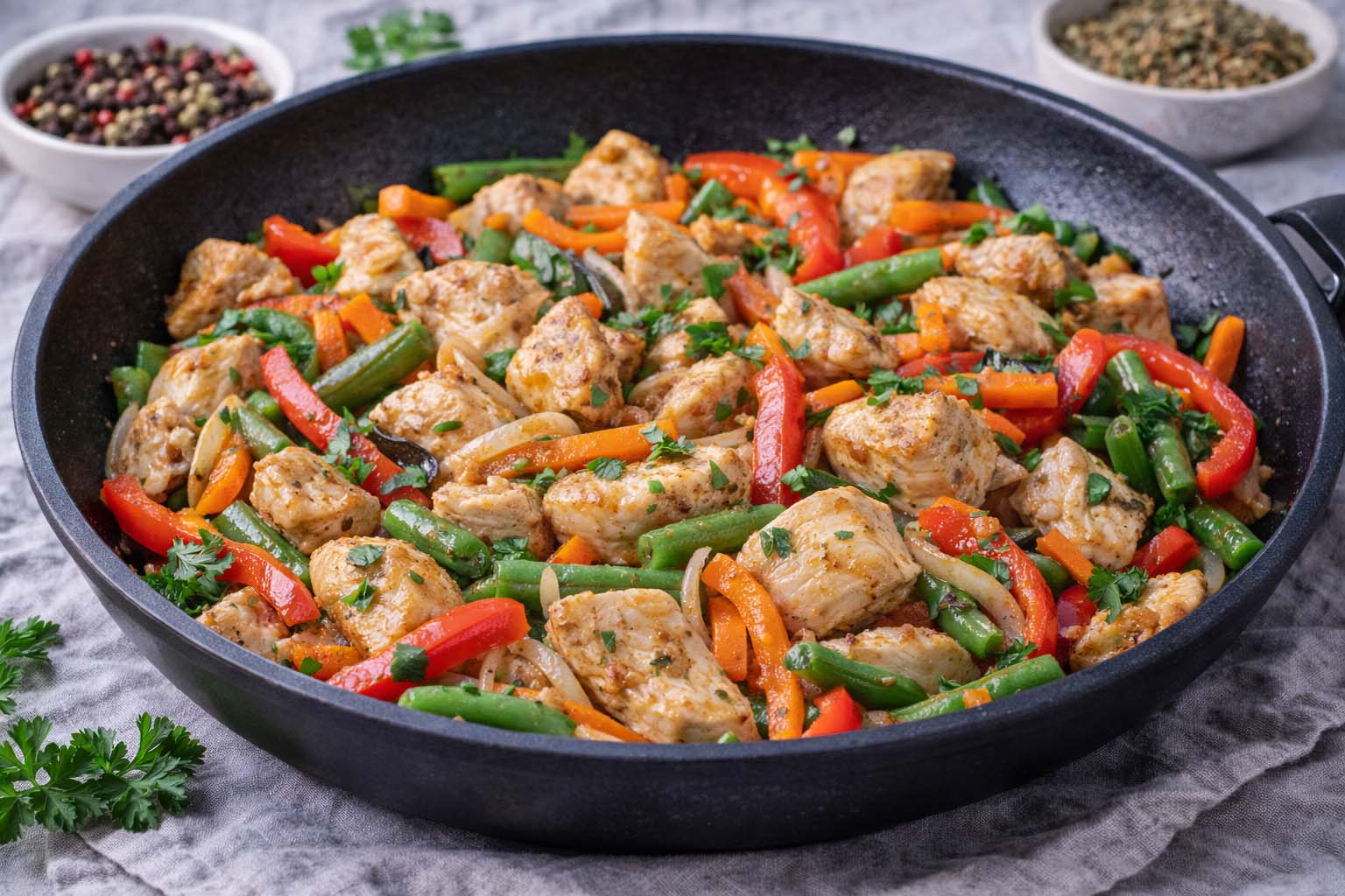 Куриное филе с овощами на сковороде