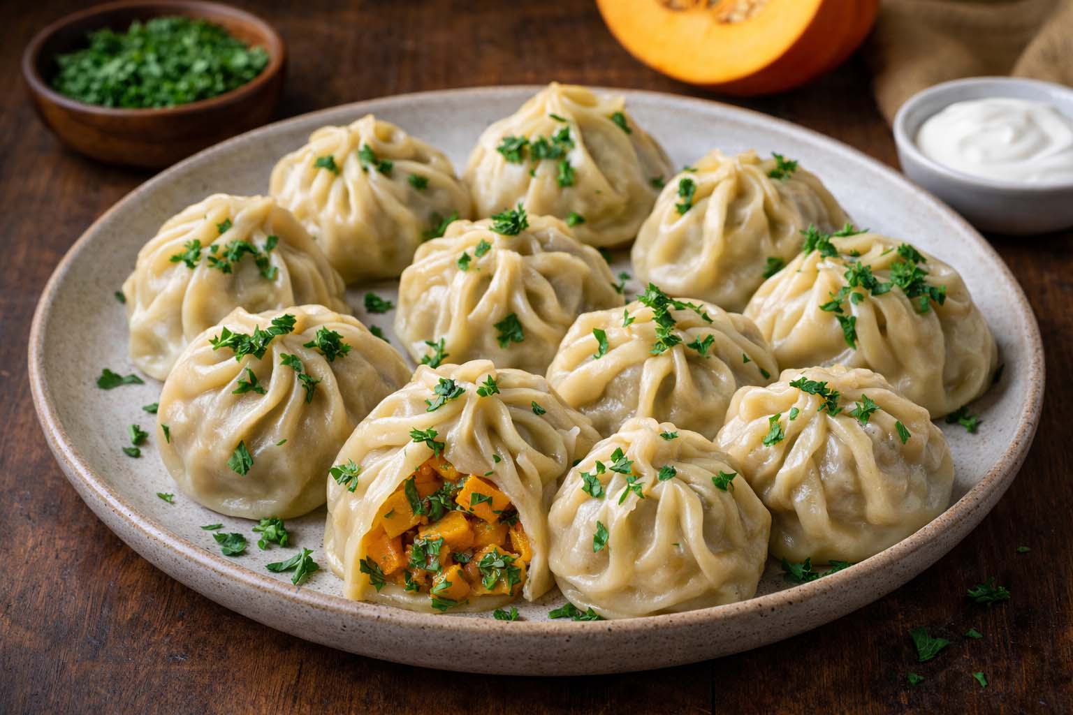 Манты с тыквой и зеленью