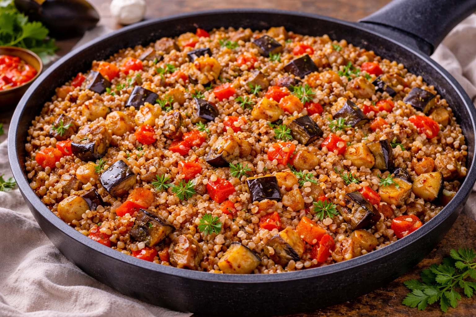 Тушёная гречка с баклажанами и томатами