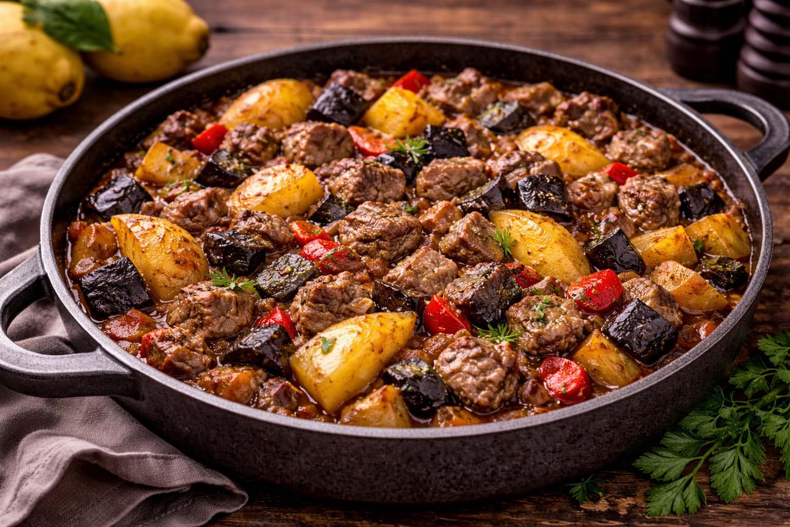 Тушеный баклажан с мясом и айвой