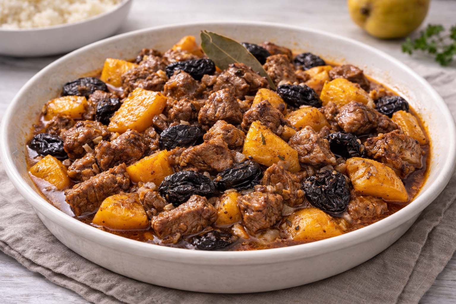 Тушеная говядина с айвой и черносливом