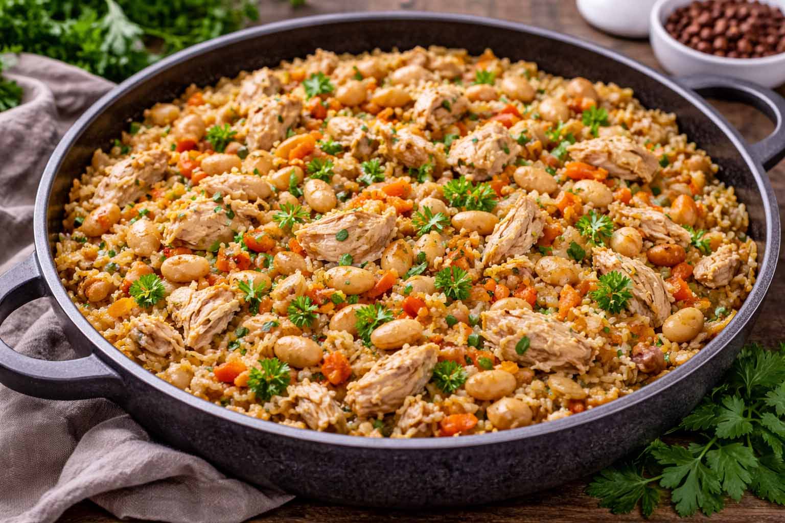 Плов с консервированной фасолью и курицей