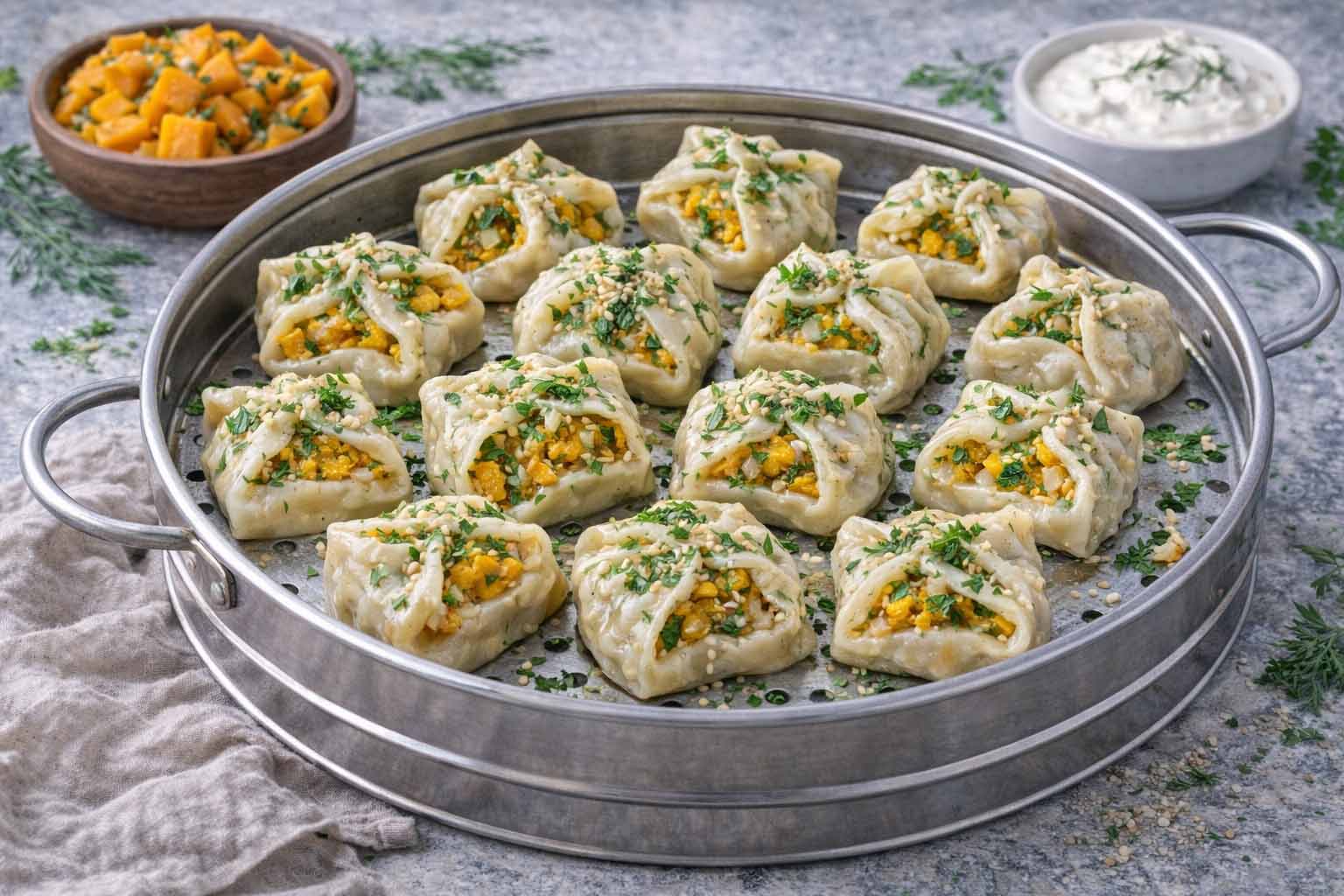 Ленивые манты с тыквой и зеленью