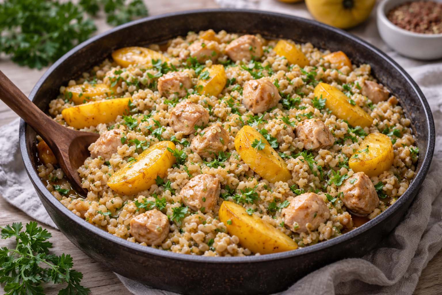 Перловая каша с курицей и айвой