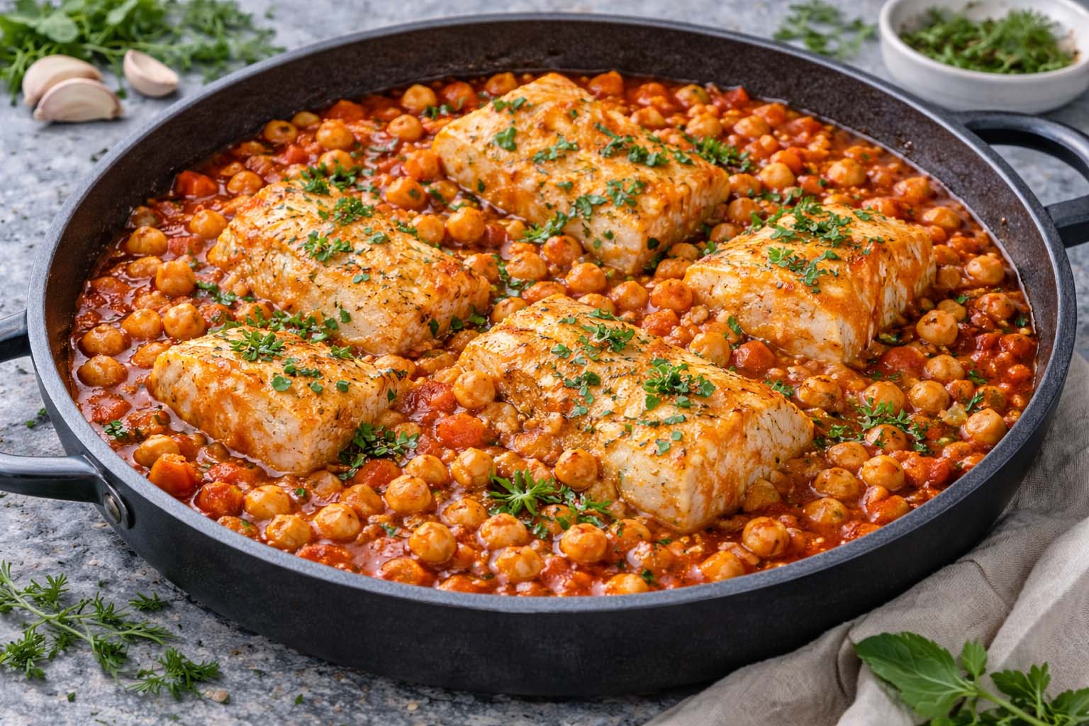 Треска с нутом и томатным соусом