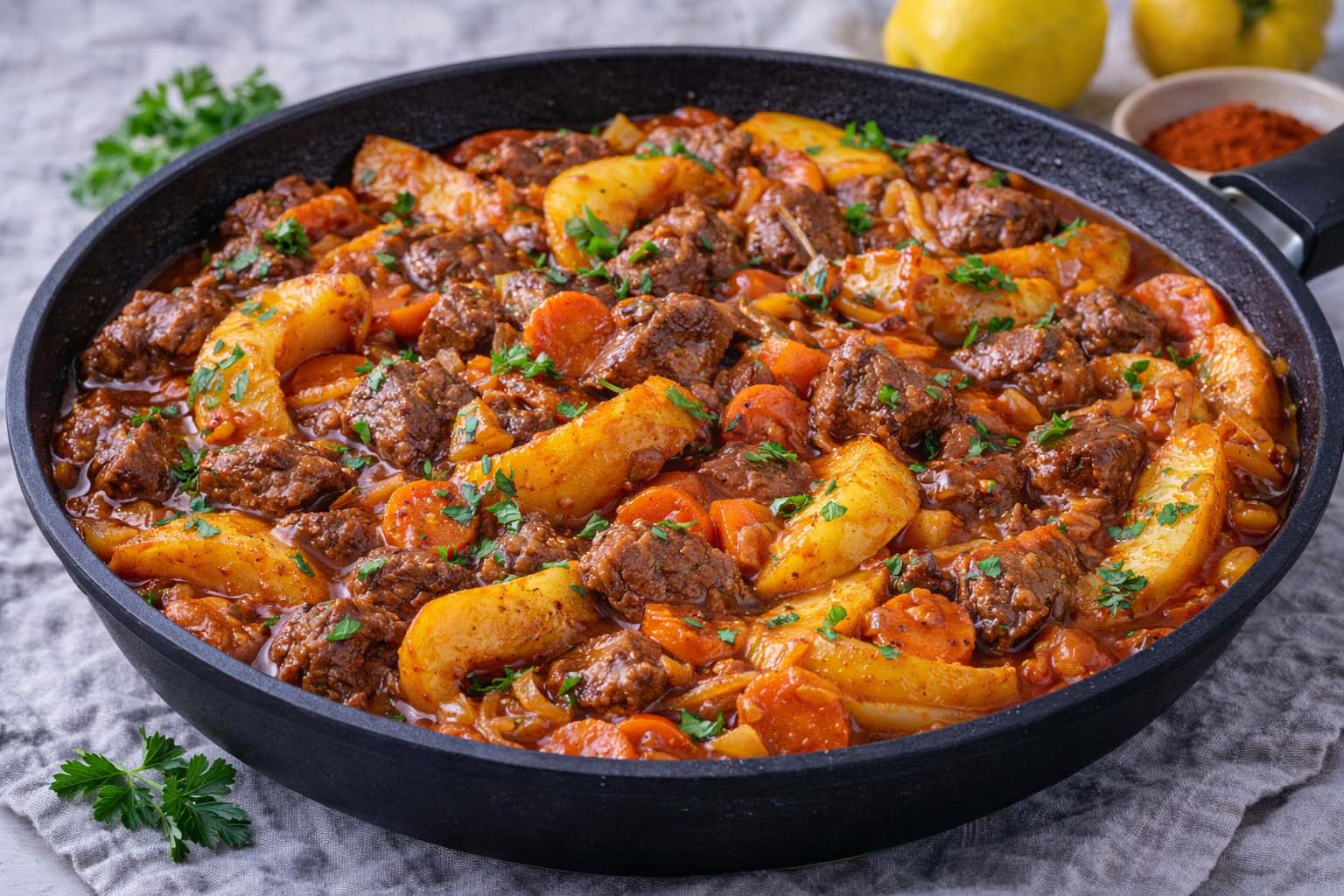 Тушеная говядина с айвой и овощами