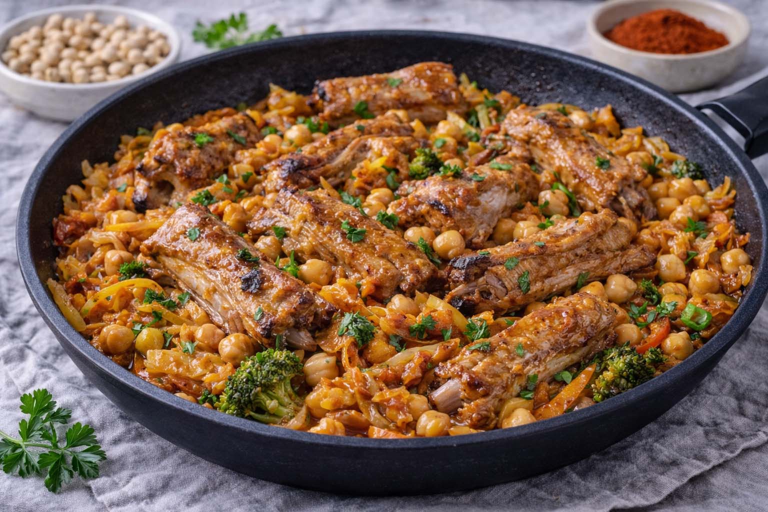 Тушеная капуста с куриными ребрышками и нутом