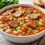 Фасолевый суп с копчёными колбасками и пряностями