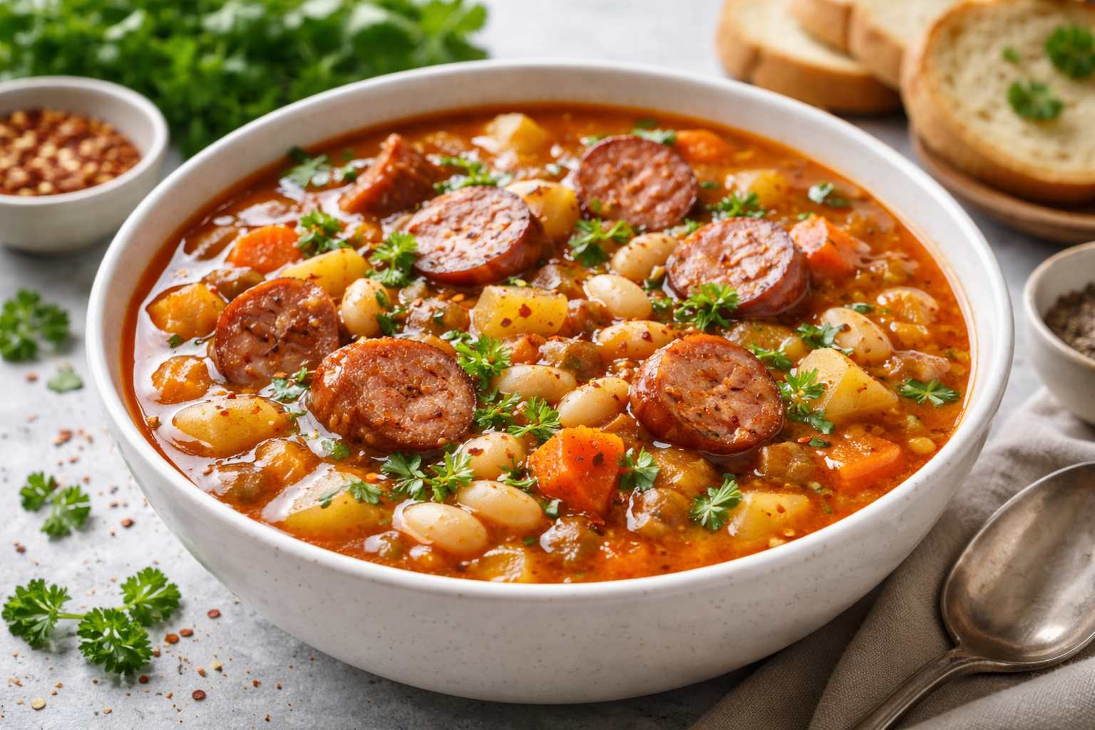 Фасолевый суп с копчёными колбасками и пряностями