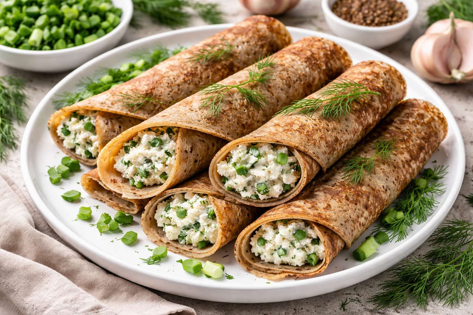 Гречневые блины с творогом и зеленью