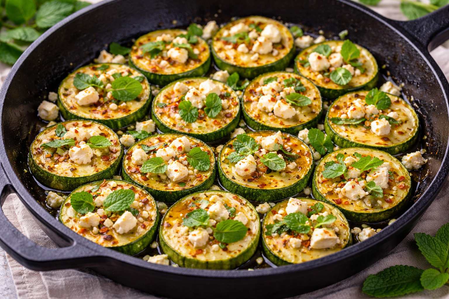 Кабачки с брынзой и мятой на сковороде