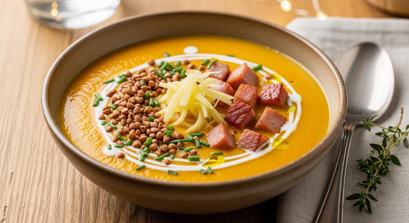 Тыквенно-гречневый суп с ветчиной и имбирём