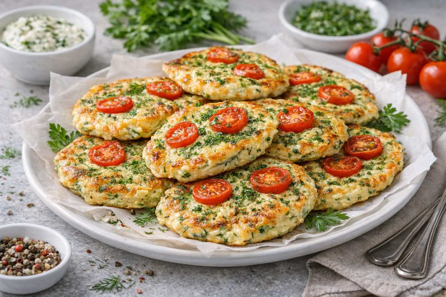 Сырные лепешки с зеленью и томатами