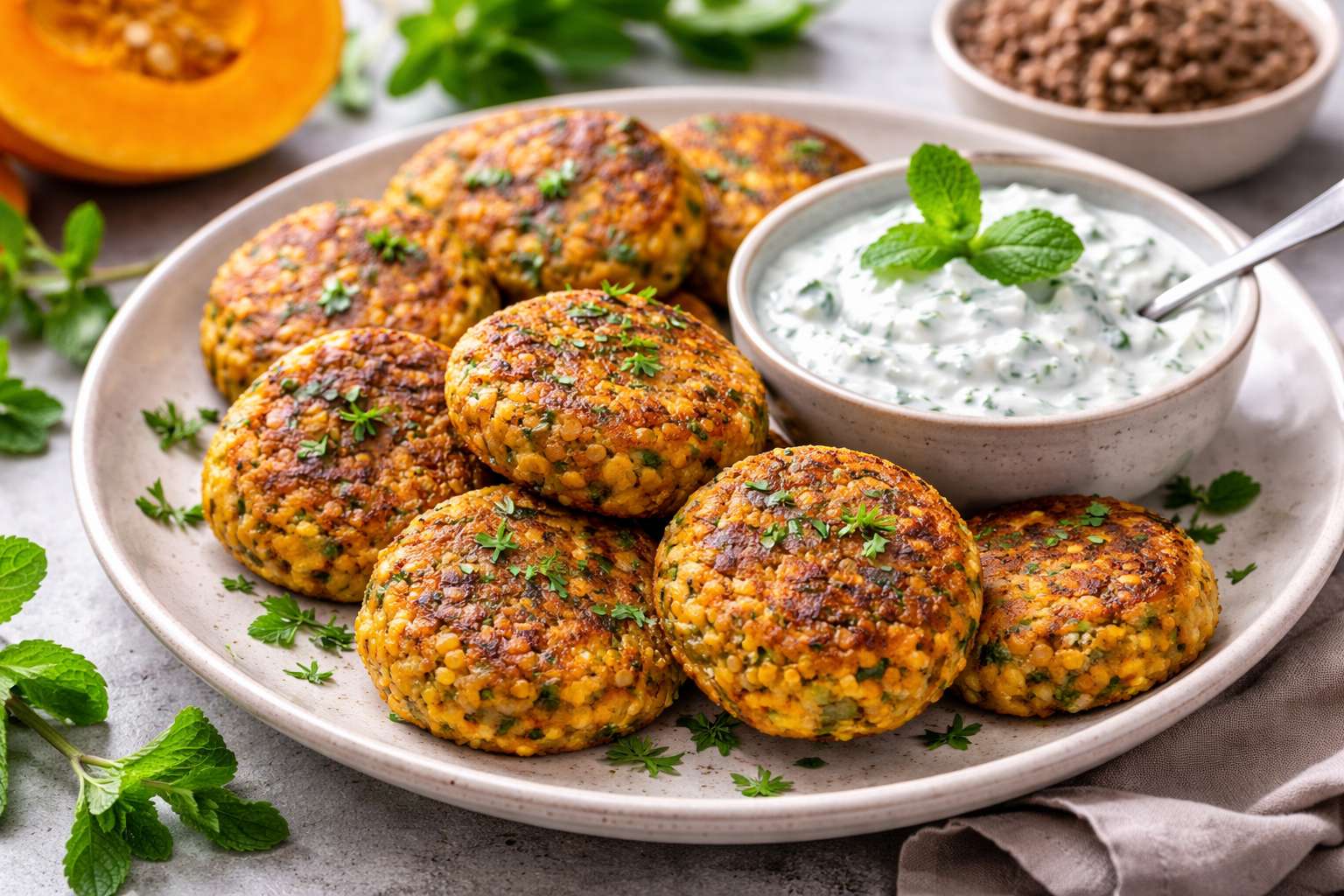 Тыквенно-гречневые котлеты с мятным соусом