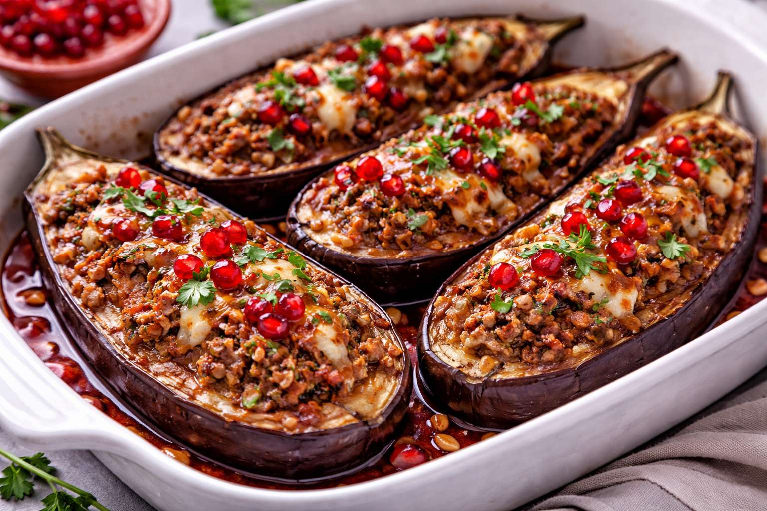 Запечённые баклажаны с фаршем и гранатовым соусом