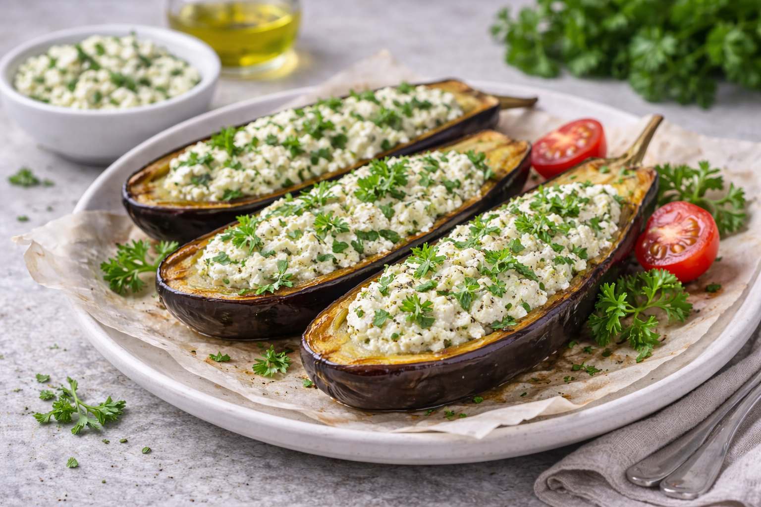 Запечённые баклажаны с творогом и зеленью