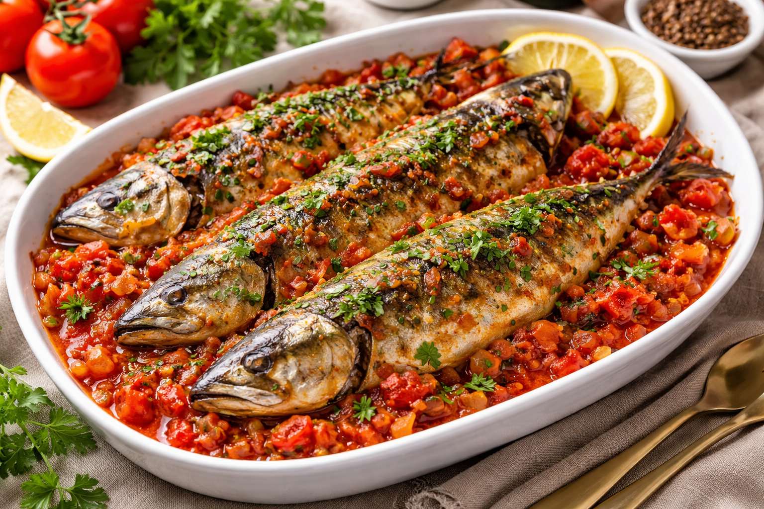 Жареная скумбрия с томатно-луковым соусом