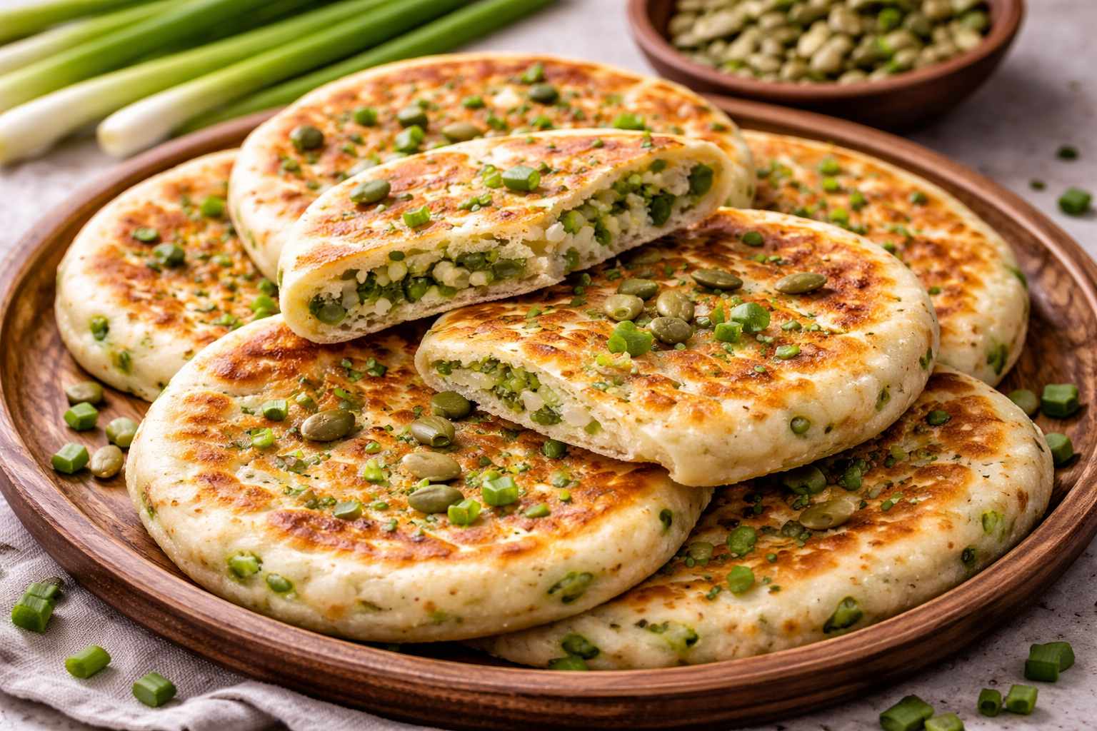 Лепёшки с зелёным луком и тыквенными семечками