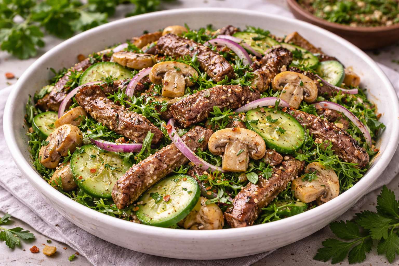 Теплый салат с говядиной и маринованными грибами