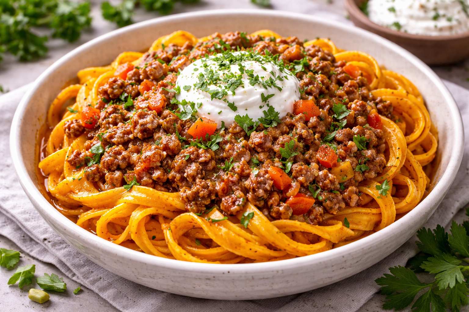 Тыквенная лапша с мясным соусом и сметаной