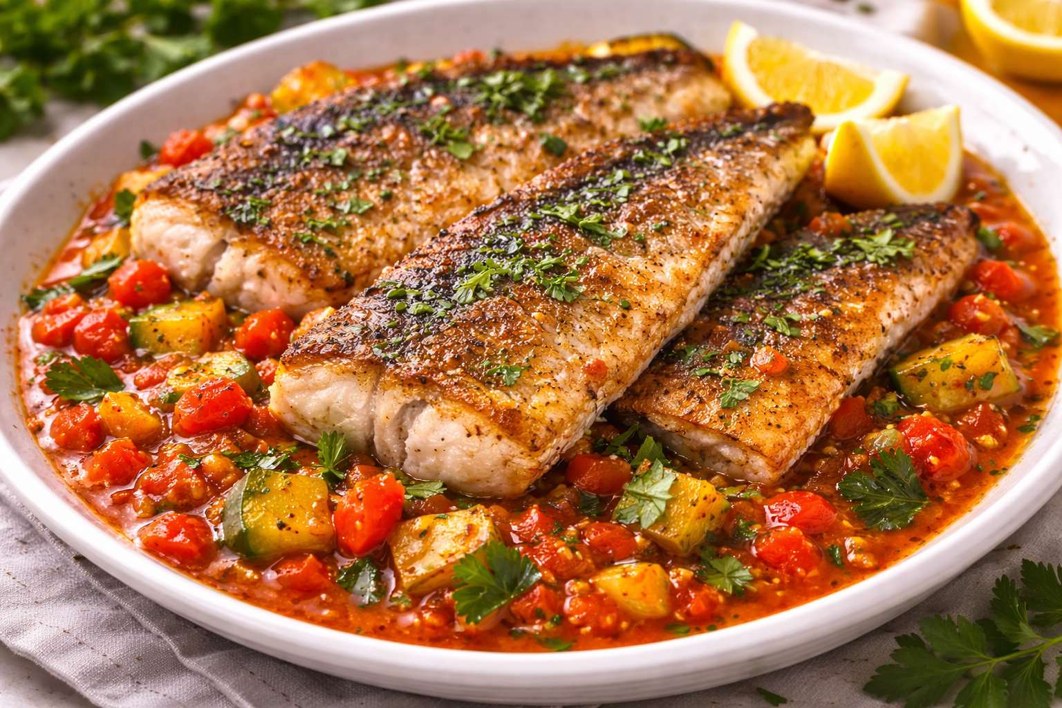 Жареный судак с томатно-кабачковым соусом